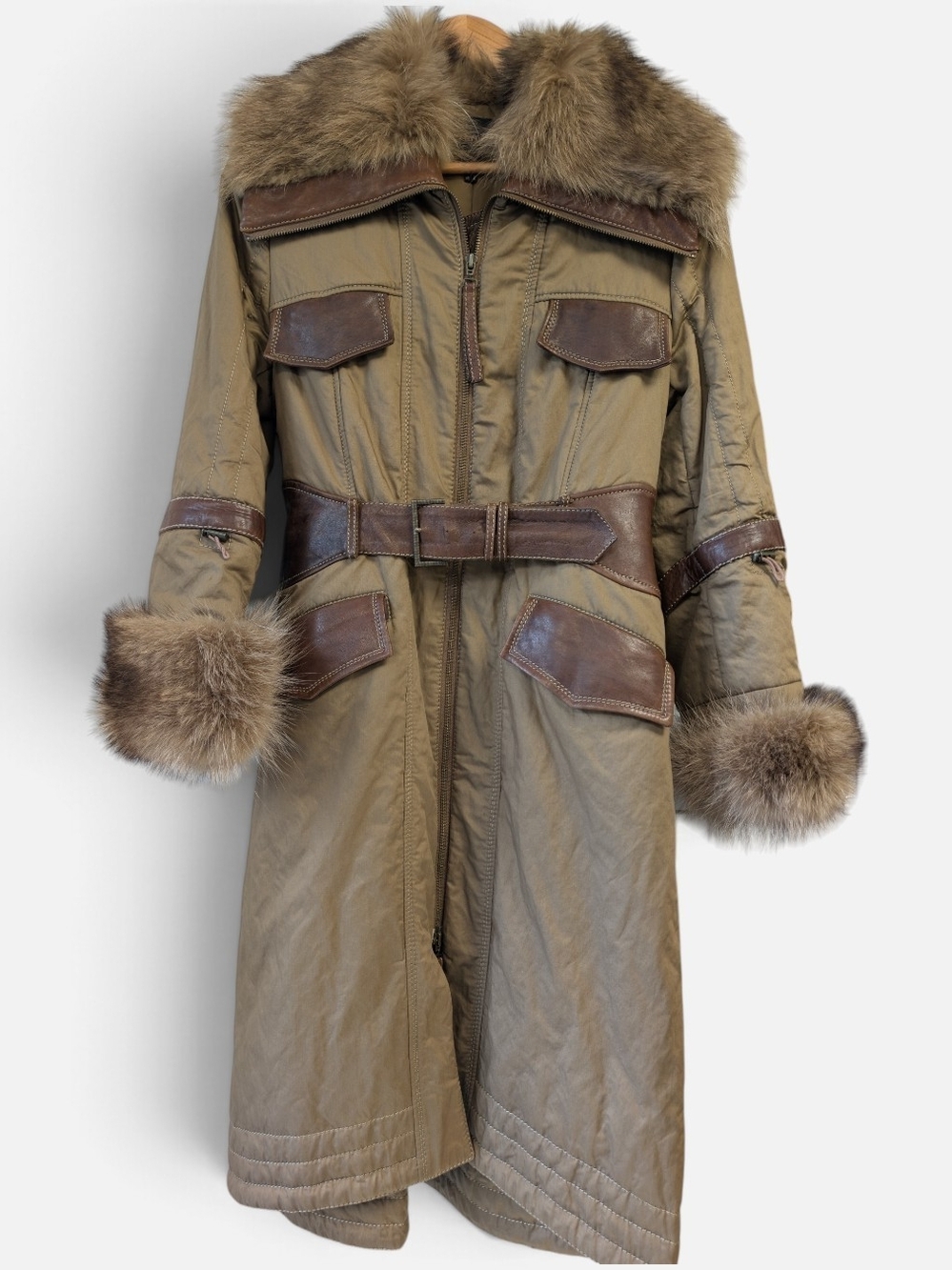 Women's Y2K Tan Utility Trench Coat with Fur And Leather Trim